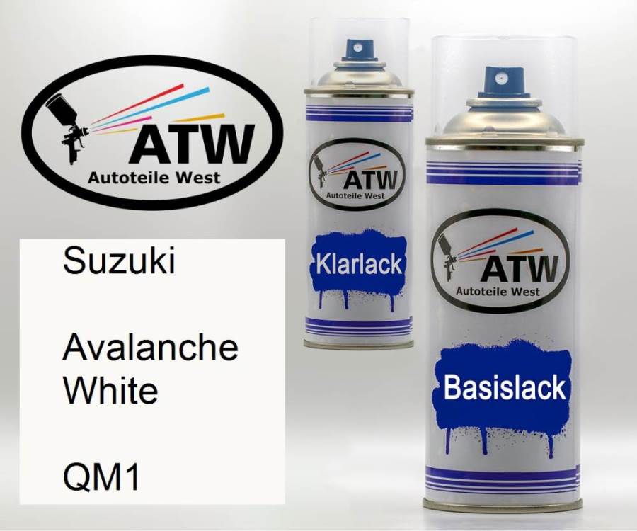 Suzuki, Avalanche White, QM1: 400ml Sprühdose + 400ml Klarlack - Set, von ATW Autoteile West.